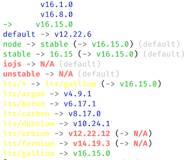 'nvm ls' using bright yellow